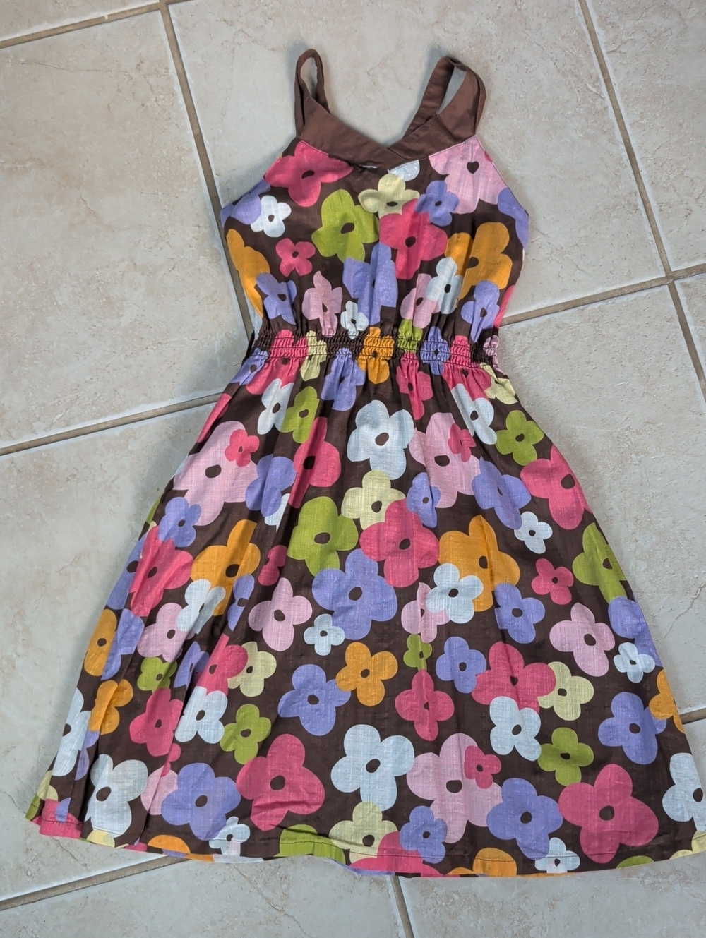 Gymboree Brown Floral Sundress with Pink, Purple, Green & Yellow Flowers Girl 10